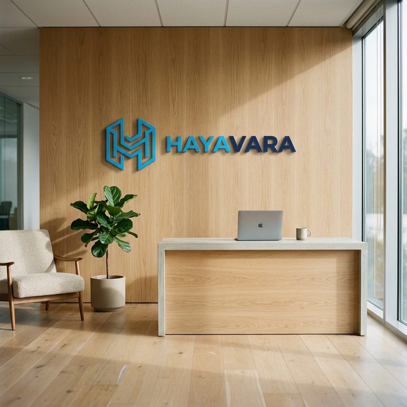 Hayavaraのオフィス受付。木目の壁にシアンとネイビーのHAYAVARAロゴが掲げられ、観葉植物とアームチェアが柔らかな自然光に照らされている