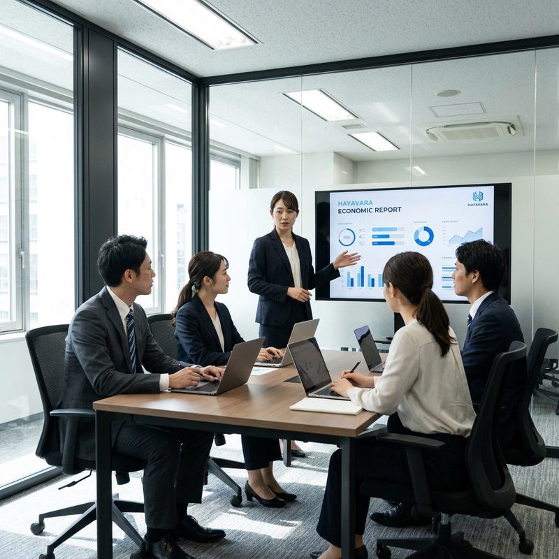 東京の会議室で、Hayavaraのチームが壁面スクリーンに映した経済レポートを囲んで議論している